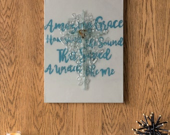 Amazing Grace Resin Wall Art, Glass Cross Acrylic Painting, Clear Glass Cross Decor
