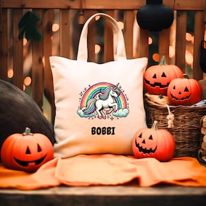 Personalisierte Kinder Einhorn Tragetasche, Candy Tragetasche, Süßes oder Saures Tragetasche, Benutzerdefinierter Name Einhorn Tragetasche
