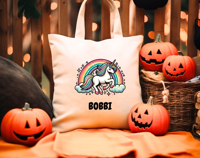 Personalized Kids Unicorn Tote Bag, Candy Tote Bag, Trick or Treat Tote Bag, Custom Name Unicorn Tote Bag