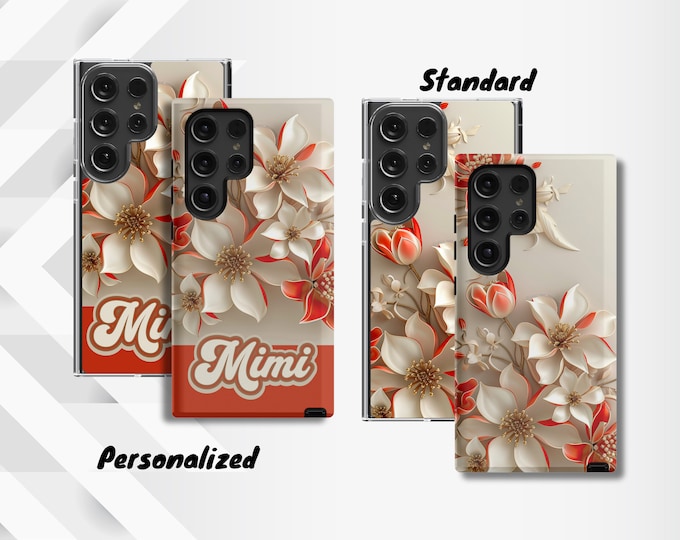 Personalized Floral Samsung Case - Custom Name Option, Ornate Red & White Flower Design - Typically 1-3 Days to Ship