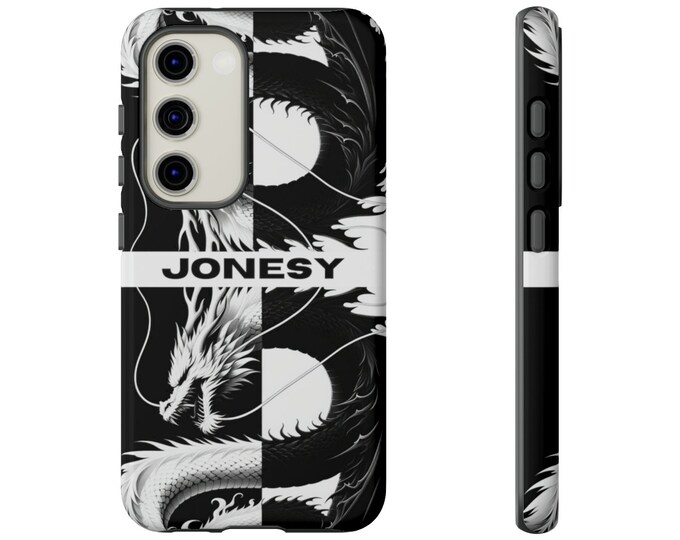 Monochrome White Dragon Personalized Tough Case: Compatible with Samsung Galaxy S10-S23 - Choose Your Dragon & Add Your Name