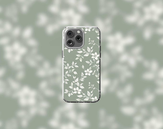 Sage White Jasmine MagSafe Clear iPhone Case 13-16 Floral Design