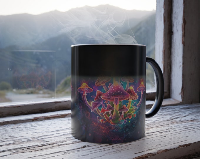 Color Changing Mug Custom Magic Mug with Heat Activation - Enchanted Forest Glow Geometric Mushroom  Mug - Color Changing Ceramic Cup