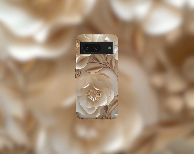 Beige Floral Tough Phone Case For Google Pixel 9, 9 Pro, 9 Pro XL, 8, 8 Pro, 7, 7 Pro, 6, and 6 Pro