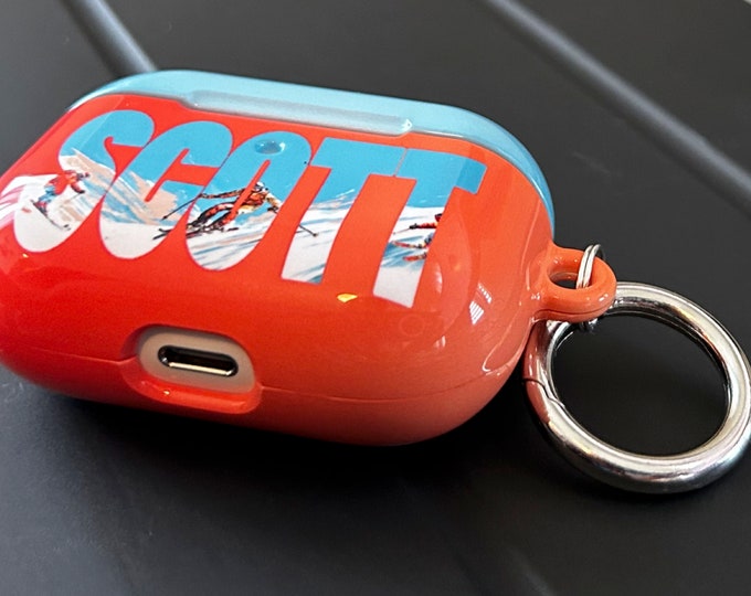 Personalized Ski-Themed AirPod Case - Custom Name with Winter Ski Design, Vibrant Orange & Teal - Fits Pro, 1st/2nd Gen