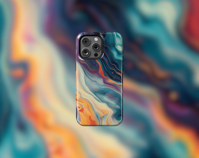 Vibrant Marble MagSafe-Compatible iPhone 12-15 Case | Bold Blue and Orange Swirls | Scratch-Resistant, Dual-Layer Protection