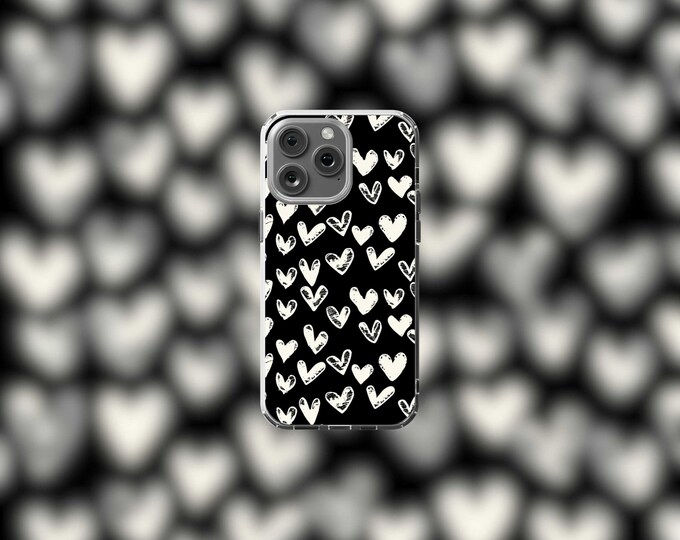 Clear iPhone 12-15 Case with White Hearts  MagSafe Compatible Stylish Protection