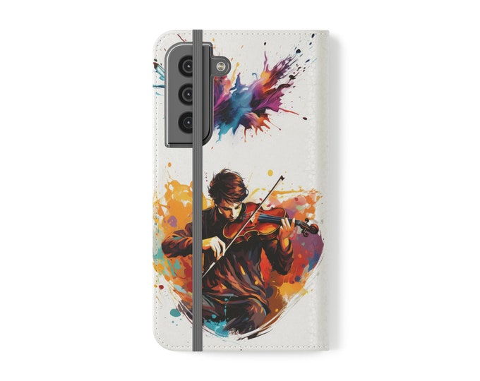 Flip Phone Case with Watercolor Violinist for Samsung Galaxy S22, Galaxy S22 Plus, Galaxy S22 Ultra, Galaxy S21, Galaxy S21 Plus & S21 Ultra