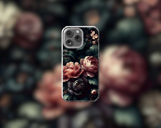 Dark Floral Clear MagSafe iPhone Case for 12-15 Models