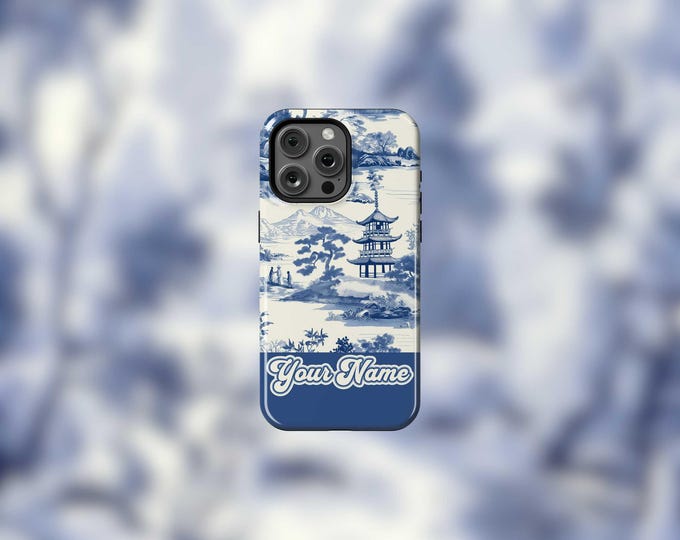 Blue Toile Personalized MagSafe Tough iPhone 13-16 and 16e Case