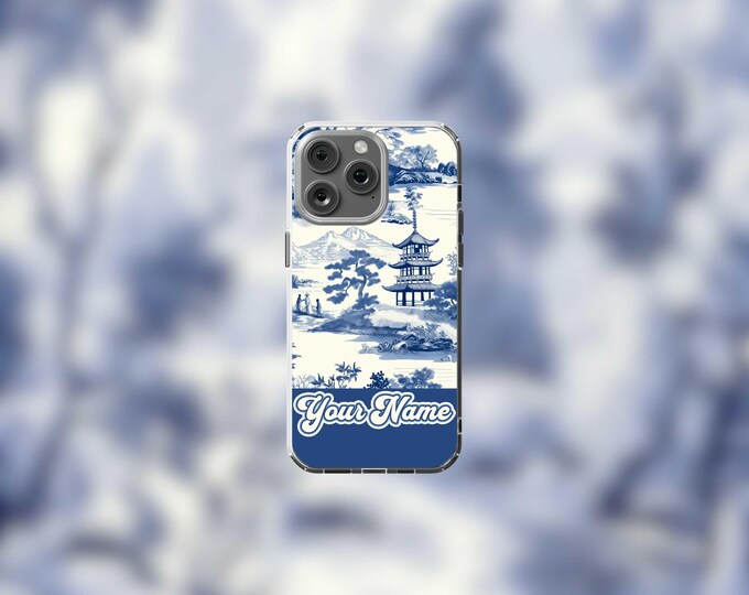 Personalized Clear iPhone Case  - Blue Toile MagSafe Compatible for Models 13-16