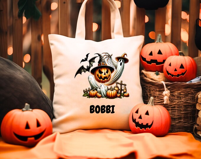 Personalized Kids Jack o Lantern Halloween Tote Bag, Trick or Treat Tote Bag, Custom Name Halloween Tote Bag, Halloween Pumpkin Tote Bag