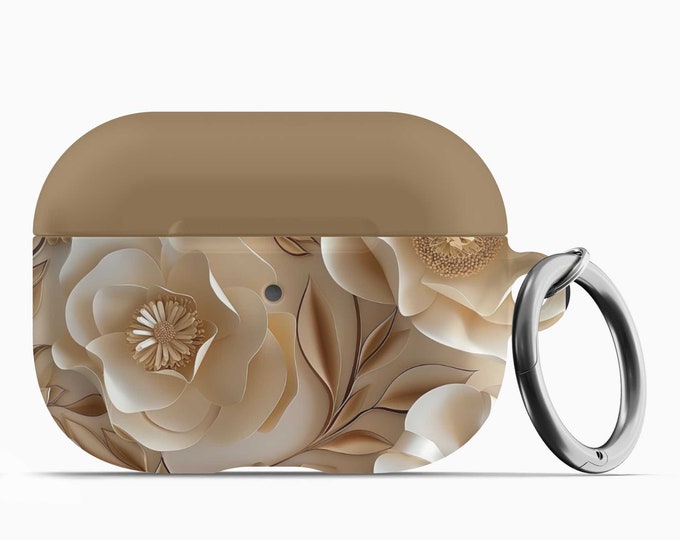 Beige Floral AirPod Case w/Keychain - Fits 1st 2nd Gen AirPods AirPod Pros