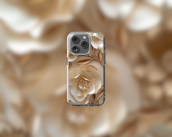 Beige Floral Clear MagSafe iPhone Case for 12-15 Models