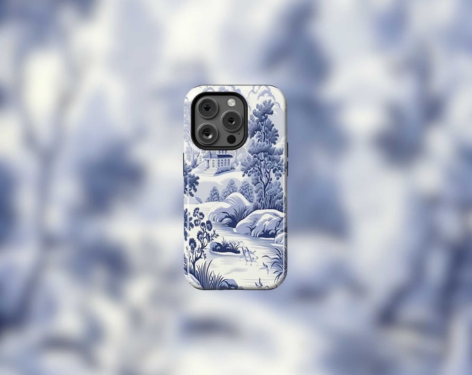 Blue Toile MagSafe iPhone 12-15 Case  Scratch-Resistant Dual-Layer Protection