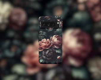 Dark Floral Tough Phone Case For Google Pixel 9, 9 Pro, 9 Pro XL, 8, 8 Pro, 7, 7 Pro, 6, and 6 Pro