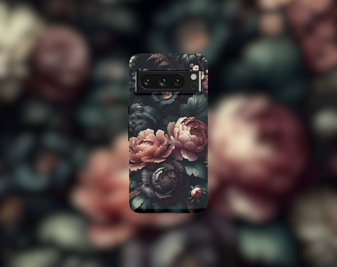 Dark Floral Tough Phone Case For Google Pixel 9, 9 Pro, 9 Pro XL, 8, 8 Pro, 7, 7 Pro, 6, and 6 Pro