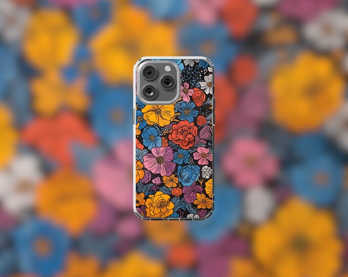 Clear iPhone 12-15 Case with Retro Bloom Design  MagSafe Compatible