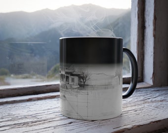 Color Changing Mug Custom Magic Mug with Heat Activation - Ancient Chinese Temple Blueprint to Reality Mug - Color Changing Ceramic Cup