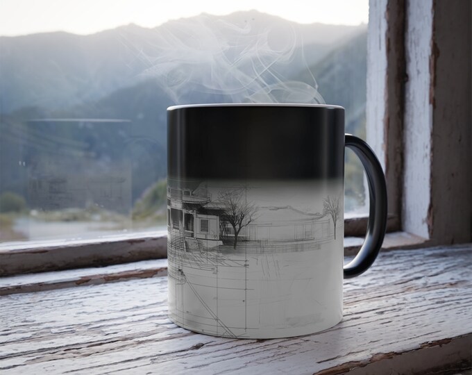 Color Changing Mug Custom Magic Mug with Heat Activation - Ancient Chinese Temple Blueprint to Reality Mug - Color Changing Ceramic Cup