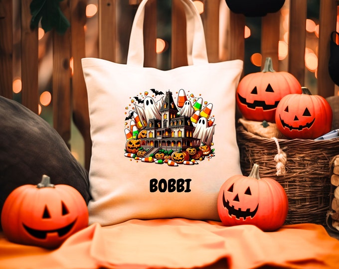 Personalized Kids Halloween Haunted Mansion Tote Bag, Trick or Treat Tote Bag, Custom Name Halloween Tote Bag, Halloween Pumpkin Tote Bag