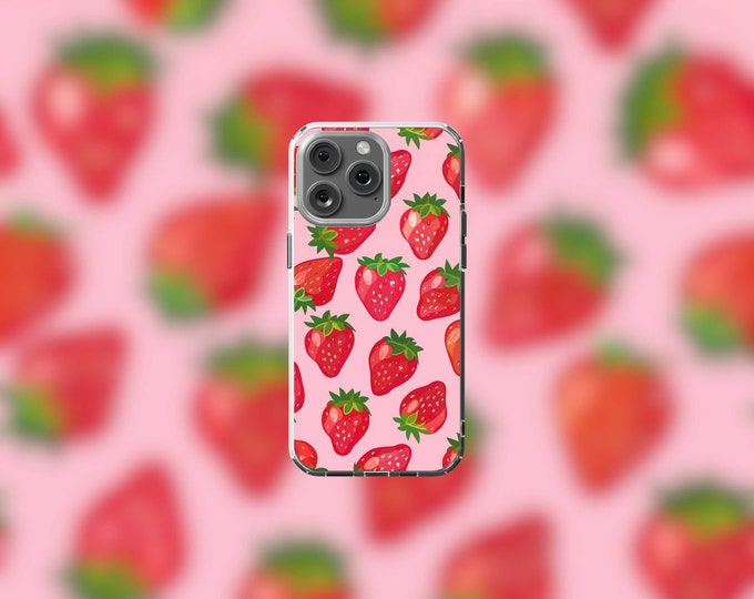 Clear iPhone 12-15 Case with Girly Girl Strawberries Print