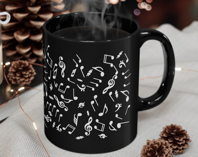 Cadeau de musique Notes de musique Tasse noire en céramique de 11 oz