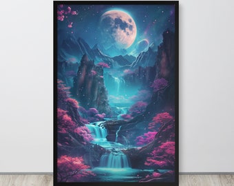 Cartel de flor de cerezo de anime, cartel de neón futurista, cartel japonés, arte de pared de Lofi, ciudad de neón de onda de vapor japonesa, impresión de ciudad cibernética