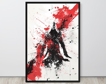 Assassin Poster, Assassin Print, Assassin Hooded, Gaming Poster, Gaming Art, Gamer Print, Black and White, Red Ink, Assassin Art