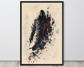 Assassin Poster, Assassin Print, Assassin Hooded, Gaming Poster, Gaming Art, Gamer Print, Black and White, Minimalist Gaming, Assassin Art