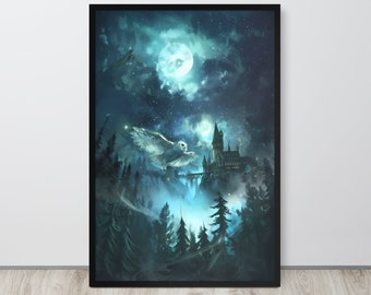 Cartel del castillo del mago, impresión del castillo del mago, arte del castillo mágico, azul, pastel, patronus del búho mágico, luna brillante, cartel de la película, arte de la película