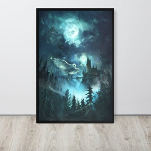 Magier Schloss Poster, Zaubererschloss Druck, Magisches Schloss Kunst, Blau, Pastell, Magischer Eulen Patronus, heller Mond, Filmposter, Filmkunst