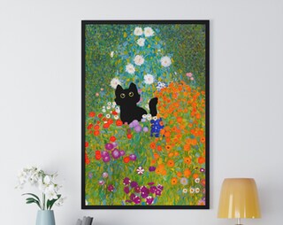 Poster Gustav Klimt Su Tela – Gatto Nero E Fiori Da Giardino – Stampe Artistiche Colorate 60x90 Cm