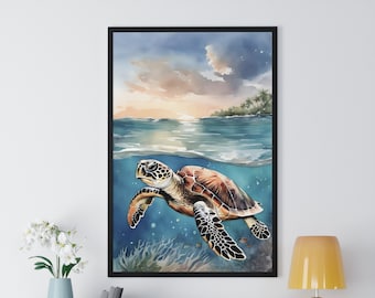 ウミガメの水彩画アートプリント、カメの絵画の壁アート装飾