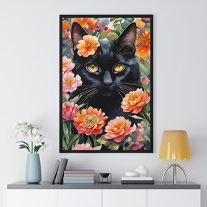 グスタフ・クリムトにインスパイアされたガーデンキャットプリント、水彩画、クリムトの花猫ポスター、黒猫アート、花柄プリント、黒猫プリント、黒猫ポスター