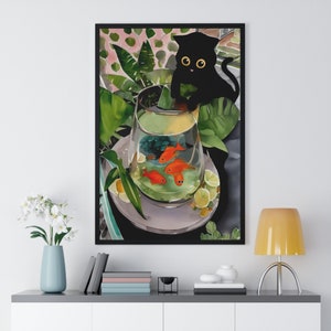 水槽の中の黒猫のアートプリント、面白い猫のポスター、日本の壁アート、水彩画のポスター、猫のポスター、室内装飾プリント、魚のポスター