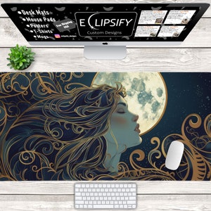 Celestial Witchy Desk Mat, Moon Goddess, Moon Cute Girl, Gaming Mouse Pad, Moon Phases, Astrology, Dark Academia, Gold, Blue, Nouveau Girl