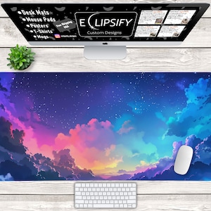 Cute Blue Space Nebula Pastel Kawaii Lofi Mouse Pad, Space Desk Mat, Cute Pastel Desk Mat, Cute Cloud Desk Mat, Gaming Mouse Pad, Desk Decor