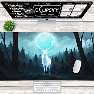 Magischer Hirsch Mauspad, Magische Hirsch Schreibtischmatte, Fabeltiere, Fantasy, Magier, Wald, Gaming Mauspad, Gaming Schreibtischmatte