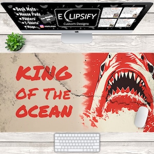 King Of The Ocean Shark Schreibtischmatte, Haifisch-Mauspad, Coole Mauspads, Benutzerdefiniertes Mauspad, Gaming-Mauspad, Gaming-Schreibtischmatte 3 Größen