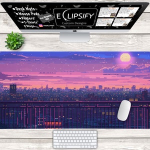 Pixel Art City Mouse Pad, Purple City Desk Mat, Pixel Art, Tokyo Street Desk Mat, Neon City City, Vaporwave, Gaming Mouse Pad, lofi Play Mat