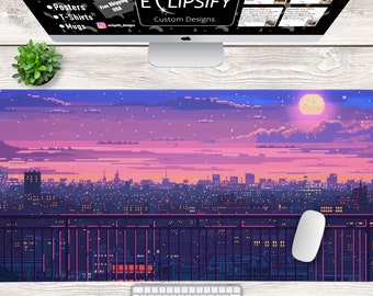 Pixel Art City-musmatta, lila stadsskrivbordsmatta, pixelkonst, Tokyo Street-skrivbordsmatta, Neon City City, Vaporwave, spelmusmatta, lofi lekmatta