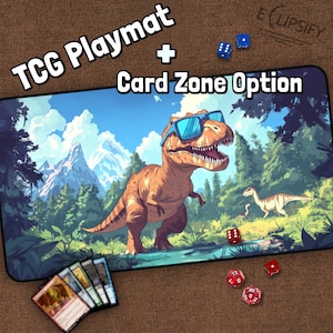 Tapete de jogo engraçado Jurassic Dinosaur TCG, óculos de sol T-Rex, tapete de jogo Dinosaur MTG com zonas, tapete de jogo Jurassic Meme, presentes para jogadores, jogo de tabuleiro