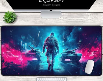 Battle Army Neon Mouse Pad Desk Mat, Large RGB Gaming Mat, LED Gamer Desk Accessory, FPS Gamer Gift, Extended Gaming Mousepad