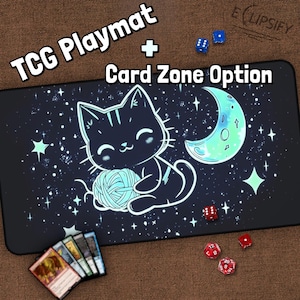 Tapete de juego TCG con diseño de gato lunar, para gamer, kawaii, espacial, celestial, tapete de juego MTG con zonas, tapete de juego de estrellas, regalos para gamers, juego de mesa
