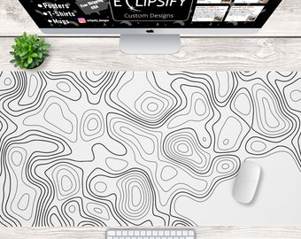 White Pattern Mouse Pad with Stitched Edges, Minimalist Topographic Map Desk Mat, Extended XL Mousepad, Custom Desk Pad
