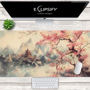 Japanische Kirschblüte Maus Pad, Wolken, Japanische Gebäude Schreibtischmatte, Berge Kunst, Gaming Playmat, Gaming Mauspad, Gaming Schreibtischmatte
