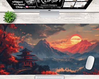 Japans landschap bureaumat, bergen muismat, bureaumat bloesem, schattige pastelkleurige bureaumat, schattige cloudbureaumat, gamingmuismat, bureaudecor