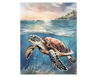 ウミガメの水彩画アートプリント、カメの絵画の壁アート装飾