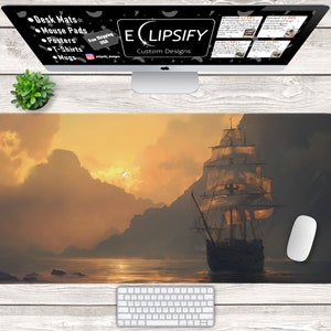 Tapis de bureau bateau bateau pirate, tapis de souris Sea Thieves, bateau pirate, fantaisie, tapis de jeu MTG, tapis de jeu TCG, tapis de bureau océan, tapis de souris de jeu
